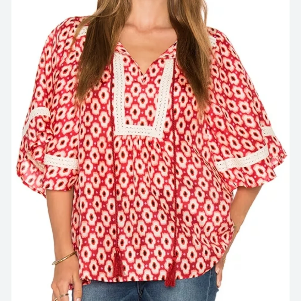 Kate Spade 100% Silk Posy Ikat Bohemian Red Patterned Women's Top
